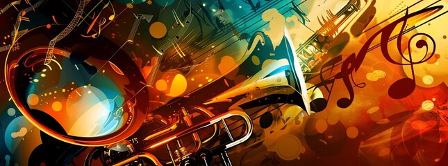 Sticker - A dynamic, music-themed background with abstract notes and instruments.