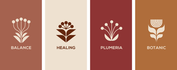 Wall Mural - minimalist botanic graphic elements and logos. flowers, simple plants and shapes vector illustration