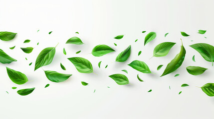 Wall Mural - Green flying leaves on a long white banner for nature concepts