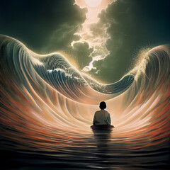 Poster - painting of a man sitting in the middle of a wave with a sky background
