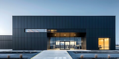 Wall Mural - Cutting-Edge Black Minimalist Warehouse Architecture for Research Facility with Modern Design. Concept Warehouse Architecture, Research Facility, Modern Design, Black Minimalist, Cutting-Edge