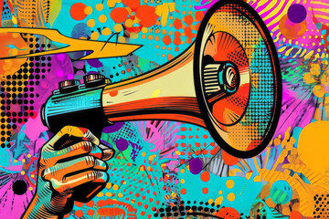 Colorful retro illustration of hand holding a loudspeaker