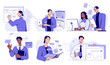 © Rudzhan - Set of scenes at office. Workers and employees of company perform business tasks, communicate with colleagues and develop strategy for success. Flat vector illustrations isolated on background