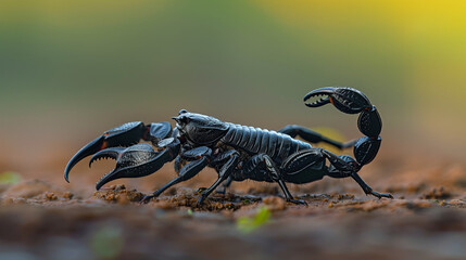 Scorpion with shiny black shell walking on textured ground, with slightly blurred background, Ai Generated Images