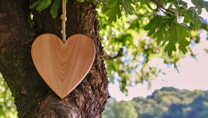 Wall Mural - The heart, carved from wood, suspended from the branches of a majestic oak tree.