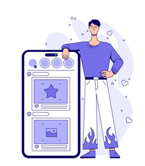Poster - digital marketing. male seo specialist stands next to smartphone and creates content for promotion o
