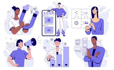 Poster - social media marketing illustrations set. men and women create content plans and attract new audienc