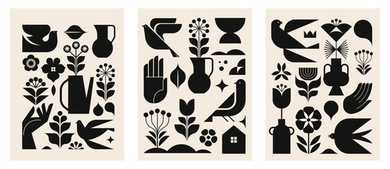  Black and white modern symbolist design. minimalist black illustrations in modern Nordic style. Linocut, lino print concept art. Printable wall decor, cards, apparel designs