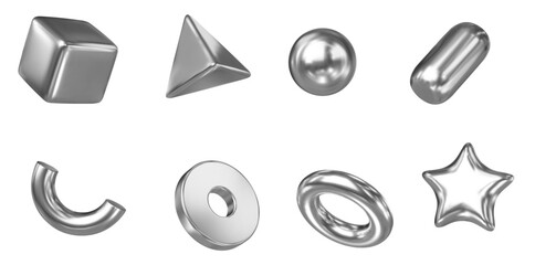 Aufkleber - 3d set metal shapes: square, sphere, pyramid, torus, star, icosphere, disk, capsule. Silver simple figures for your design on isolated background. Stock vector illustration on isolated background.