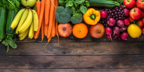 Top view of a colorful variety of fresh fruits and vegetables arranged neatly on a rustic wooden background