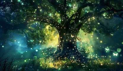 Wall Mural - A mystical, enchanted tree background with glowing elements and magical creatures.