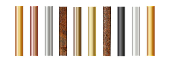 Pipe set isolated on background. Chrome, rusty, steel, golden, copper and iron pipes profile. Cylinder metal tubes. Vector