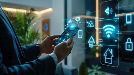 A business executive interacts with a digital interface on a smartphone, managing smart home technology that includes security and automation features