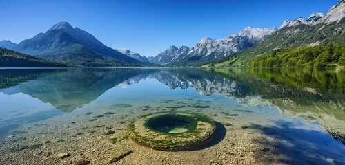 Wall Mural - A crystal-clear mountain lake reflecting the surrounding peaks in perfect symmetry, its tranquil surface disturbed only by the gentle ripples of a passing breeze. 32k, full ultra HD, high resolution