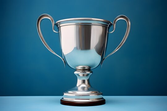 Shiny silver trophy with an elegant base, standing against a blue background. The cup is adorned with intricate designs and features two hands holding the handle at its top. It has been decorated.