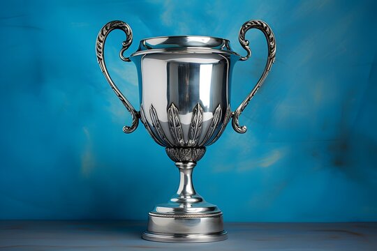 Shiny silver trophy with an elegant base, standing against a blue background. The cup is adorned with intricate designs and features two hands holding the handle at its top. It has been decorated.