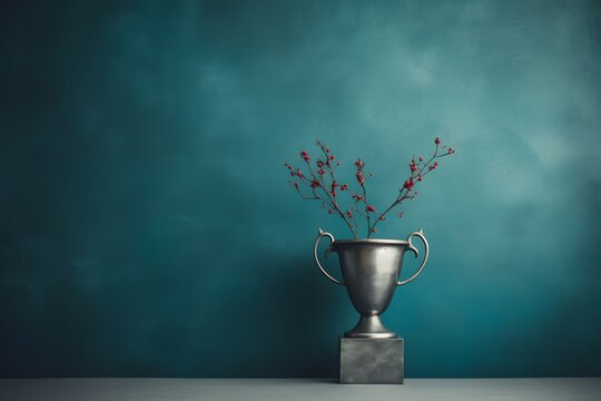 Shiny silver trophy with an elegant base, standing against a blue background. The cup is adorned with intricate designs and features two hands holding the handle at its top. It has been decorated.