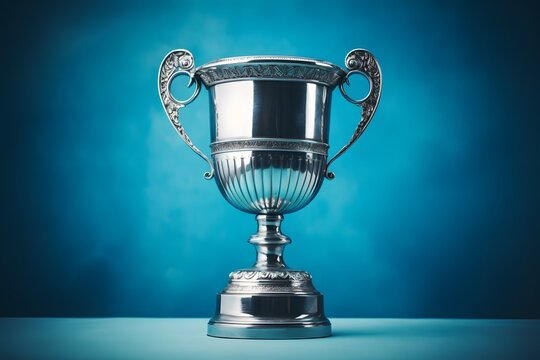 Shiny silver trophy with an elegant base, standing against a blue background. The cup is adorned with intricate designs and features two hands holding the handle at its top. It has been decorated.