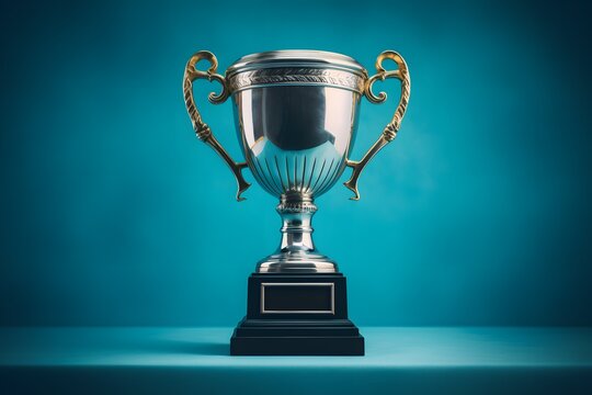 Shiny silver trophy with an elegant base, standing against a blue background. The cup is adorned with intricate designs and features two hands holding the handle at its top. It has been decorated.