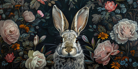 A rabbit is standing in front of a floral background