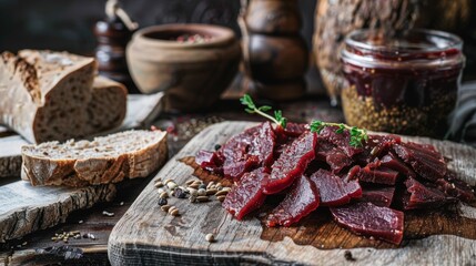 Wall Mural - Icelandic fermented shark hakarl presented on a rustic wooden board with rye bread. A unique and traditional Icelandic dish.