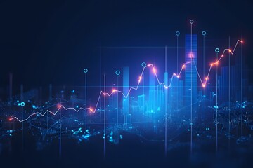 Poster - Stock market graph showing an upward trend, with blue and red lights in the background and futuristic elements. The background is a dark blue color. The graph is in the style of a futuristic digital 