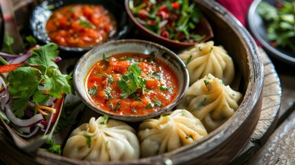 Wall Mural - Nepalese momo on a steamer tray, served with a tomato-based dipping sauce. A traditional and flavorful dish from Nepal.