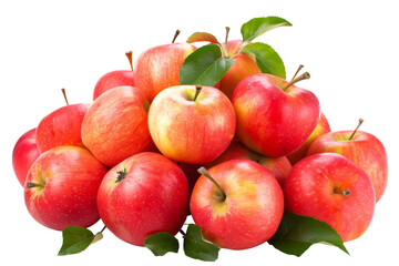 bunch of ripe red apples with leaves isolated on background, juicy autumn season fruit, fresh tasty 