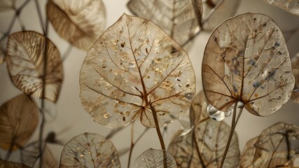 abstract nature featuring beige transparent leaves and flower petals, suitable for use as a wallpape