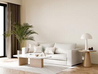 Fototapete - A cozy, minimalist living room design featuring a comfortable sofa, coffee table, lamp, and a potted palm plant in a bright space, 3d render.