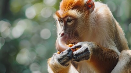 Wall Mural - Close up of proboscis monkey eating . Generative Ai