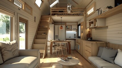 A tiny house interior with architectural design and stairs are going to the floor bedding