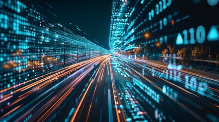 Fototapete - Digital data flow on road with motion blur to create vision of fast speed transfer