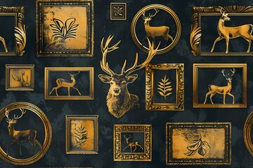 Wall Mural - Seamless deer pattrern with picture frames