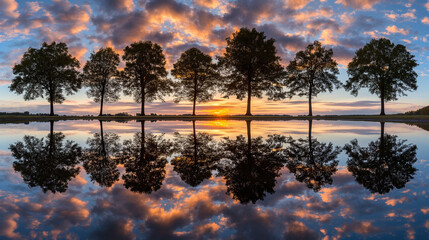 Wall Mural - Row of trees mirrored in the lake at sunset, AI-generated.