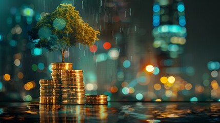 Leinwandbilder - double exposure of golden coins stacks on table with tree growing on top and blur city night