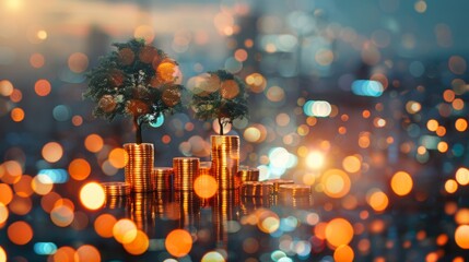 Poster - double exposure of golden coins stacks on table with tree growing on top and blur city night