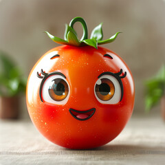 Wall Mural - Happy Kawaii Tomato.  Generated image.  A digital illustration of a cute, happy Kawaii cartoon character of a tomato with big eyes.