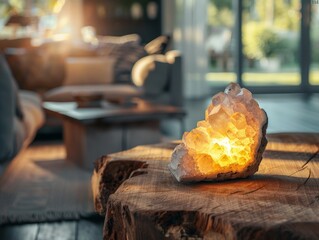 Wall Mural - Glowing crystal on wooden table in cozy room