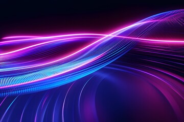 Poster - abstract futuristic background with neon light waves and speed lines on dark blue purple pink color