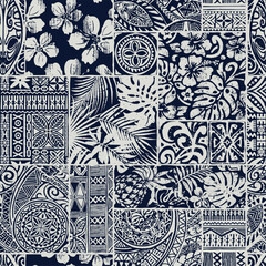 Wall Mural - tropical leaf hibiscus flowers hawaiian tribal element patchwork wallpaper abstract grunge vector se
