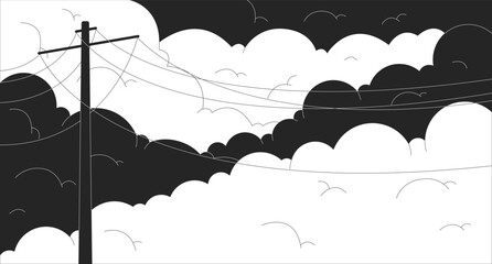 Power transmission lines against cloudy sky outline 2D cartoon background. Daybreak romantic scene linear aesthetic vector illustration. Dawn time beauty flat wallpaper art, monochromatic lofi image