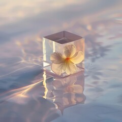 Poster - Tranquil flower in glass cube on water