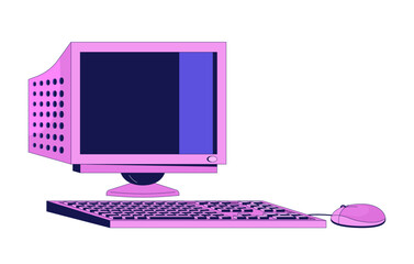 Fototapete - Vintage computer with monitor 2D linear cartoon object. Old pc workstation. Electronic device isolated line vector element white background. Retro technology color flat spot illustration