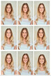© N Hiraman/peopleimages.com - Collage, expression and portrait of woman in studio on gray background for funny face or emotion. Beauty, happy and smile with person in collection, montage or series for identity and personality