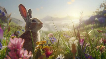 Rabbit sitting in a flower-filled meadow, AI-generated.