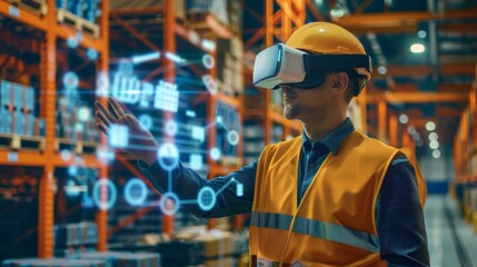 Aufkleber - Metaverse Technology. Manager engineer use VR virtual reality goggle analyzing