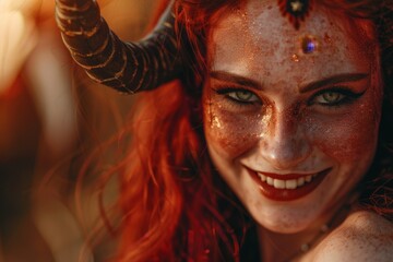 Poster - Smiling woman with fiery red hair and glittering makeup