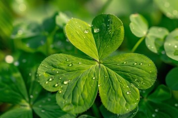 Wall Mural - Close-up of a green clover leaf with water droplets