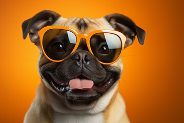 Wall Mural - Dog wearing sunglasses. Happy dog with sunglasses. Portrait of smiling dog wearing sunglasses. Happy pet concept